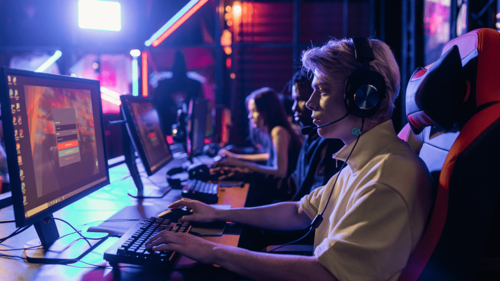 a group of people playing video games in a dark room